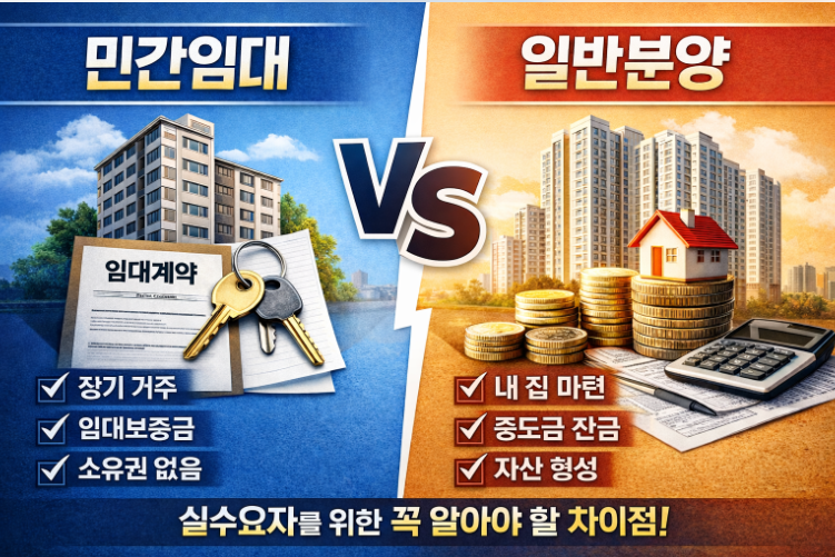민간임대아파트와 일반분양아파트의 거주 방식과 계약 구조를 비교한 정보 이미지