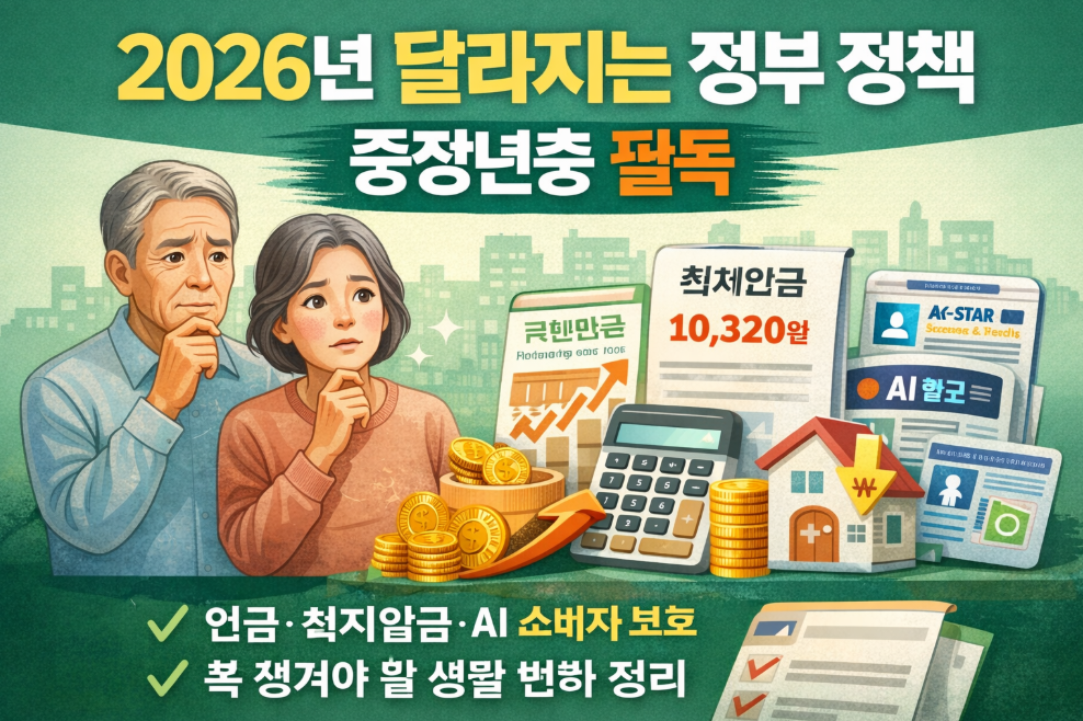 2026년 달라지는 정부 정책을 중장년층이 쉽게 이해할 수 있도록 표현한 대표 이미지, 연금과 생활비, 복지 혜택을 상징하는 일러스트