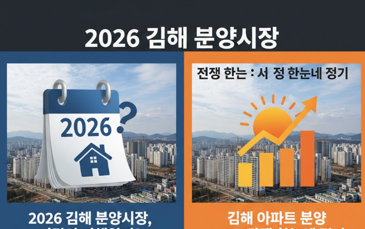 2026년 김해 분양시장 전망을 나타낸 이미지로 김해 도심 아파트 전경과 분양 시기를 고민하는 달력 아이콘, 시장 회복 흐름을 상징하는 상승 그래프가 함께 표현된 대표 이미지