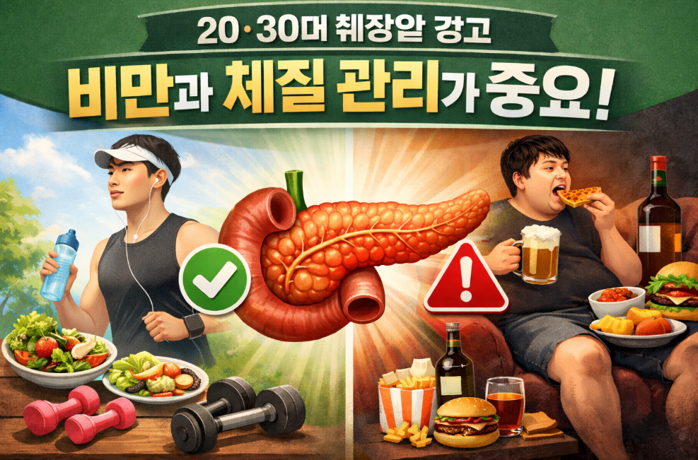 운동과 건강한 식습관을 실천하는 한국 청년과 과식·야식 위주의 생활을 하는 한국 청년을 대비해 표현한 췌장 건강 인식 이미지, 젊은층 췌장암 예방을 위한 체중 관리 중요성을 강조한 대표 이미지