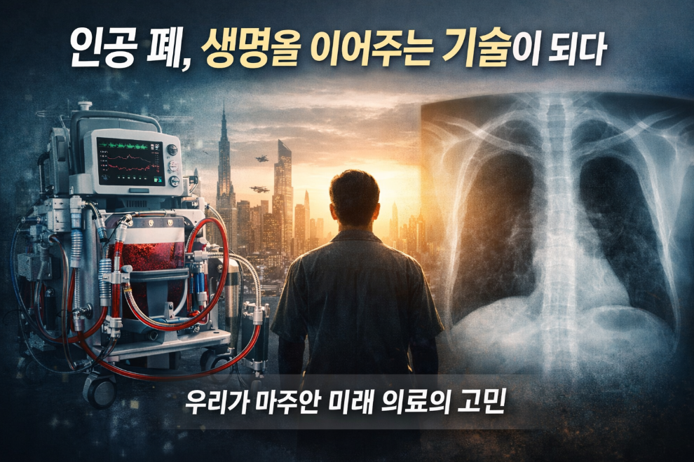 인공 폐 장치와 미래 도시를 배경으로 한 남성의 뒷모습, 그리고 폐가 없는 흉부 X-ray 이미지를 함께 배치해 인공 폐 기술과 미래 의료를 상징적으로 표현한 대표 이미지