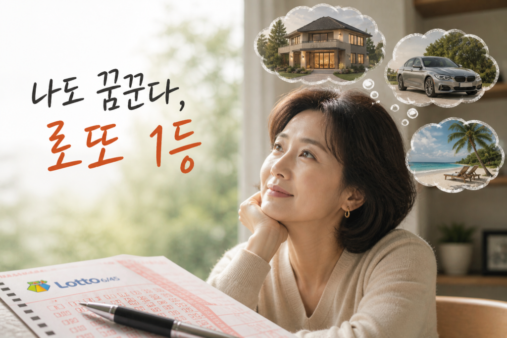 로또 복권을 앞에 두고 당첨 후 삶을 상상하며 희망을 느끼는 중년 여성의 일상적인 장면
