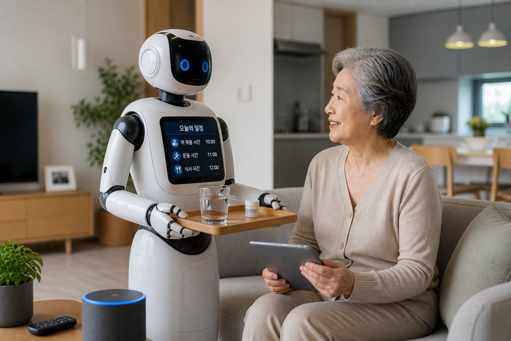 AI 로봇이 가정에서 노년 여성의 식사와 약 복용을 돕고 일정을 관리하는 스마트 생활 보조 시스템 장면