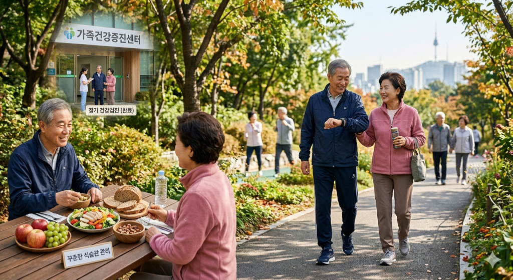 노후 건강 관리를 위한 세 가지 핵심 습관을 보여주는 사실적인 콜라주 이미지입니다. 가을 단풍이 든 공원에서 한 노부부가 '꾸준한 걷기'를 위해 산책로를 활기차게 걷고 있습니다.