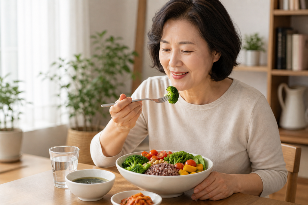 60대 여성이 채소 위주의 건강식을 먹으며 췌장 건강을 관리하는 모습