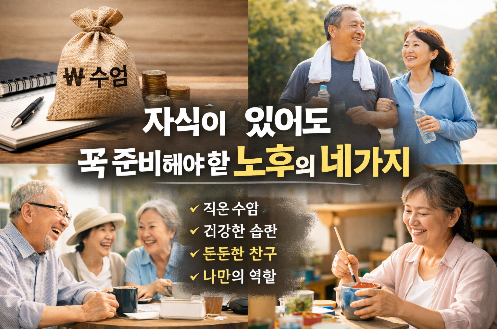 자식이 있어도 꼭 준비해야 할 노후의 네 가지를 주제로, 작은 수입을 상징하는 돈 주머니와 동전, 운동하는 중장년 부부, 웃으며 대화하는 시니어 친구들, 취미 활동을 하는 여성의 모습이 4분할로 구성된 블로그 대표 이미지