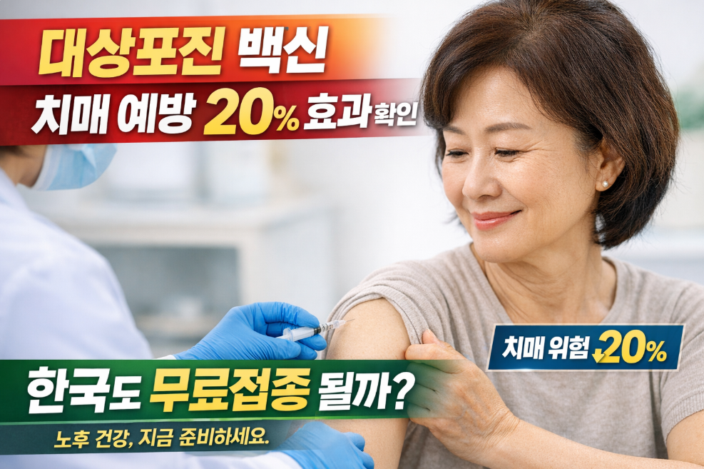 대상포진 백신을 접종받는 60대 여성이 밝은 표정으로 주사를 맞는 모습과 치매 예방 20% 효과 확인 문구가 함께 들어간 대표 이미지