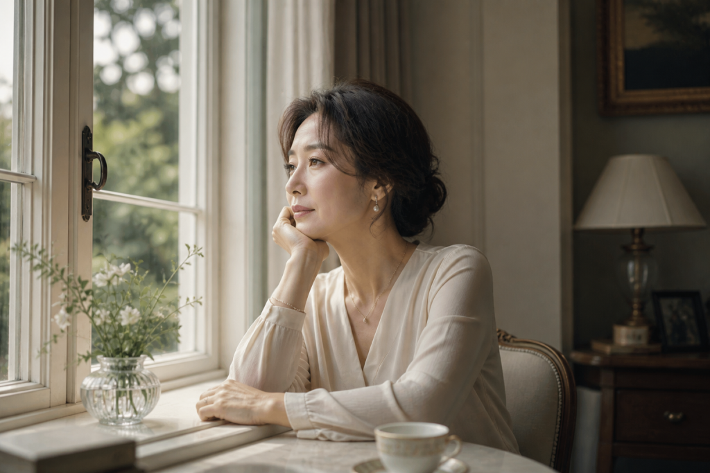 따뜻한 햇살이 들어오는 창가에서 지난 시간을 돌아보며 생각에 잠긴 우아한 중년 여성의 감성적인 장면