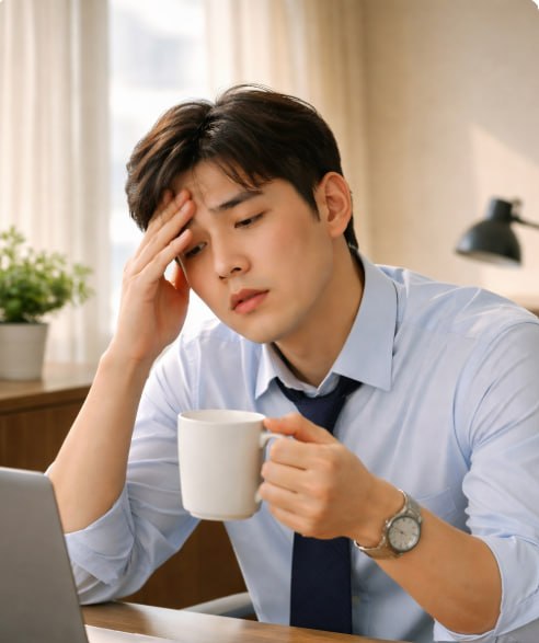 커피잔을 든 채 피곤한 표정을 짓는 직장인의 오후 피로 대표 이미지