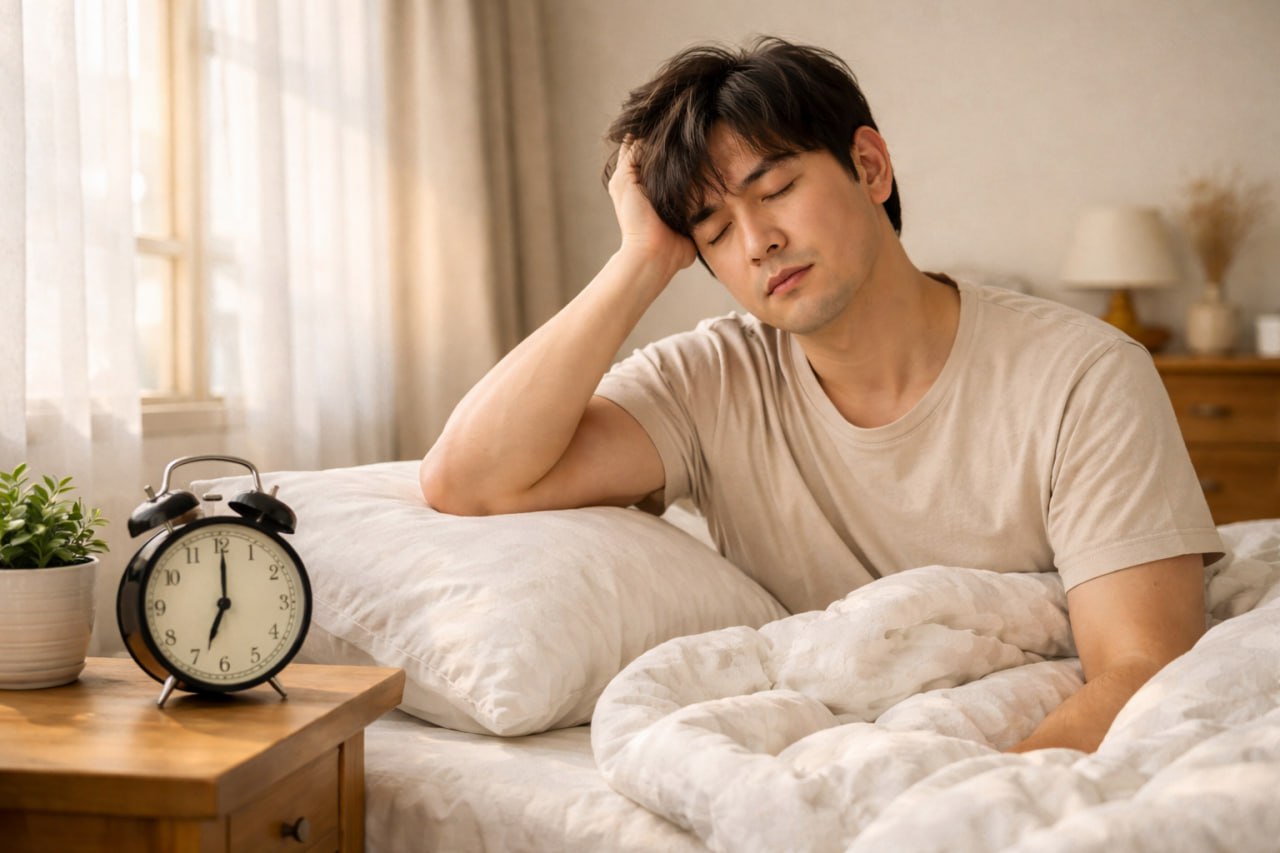 아침 침대에서 피곤한 표정으로 앉아 있는 남성과 알람시계가 보이는 수면 건강 대표 이미지