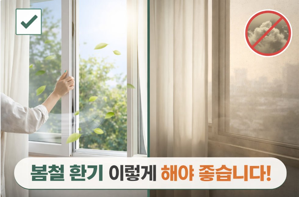 창문을 열어 환기하는 장면과 미세먼지 주의 표시가 함께 보이는 봄철 환기 대표 이미지