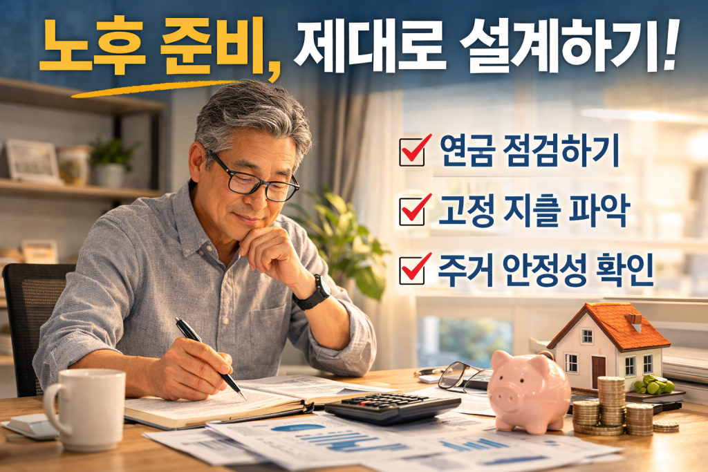 노후 준비와 재무 계획을 위해 책상에서 연금과 생활비를 점검하는 중년 남성의 모습