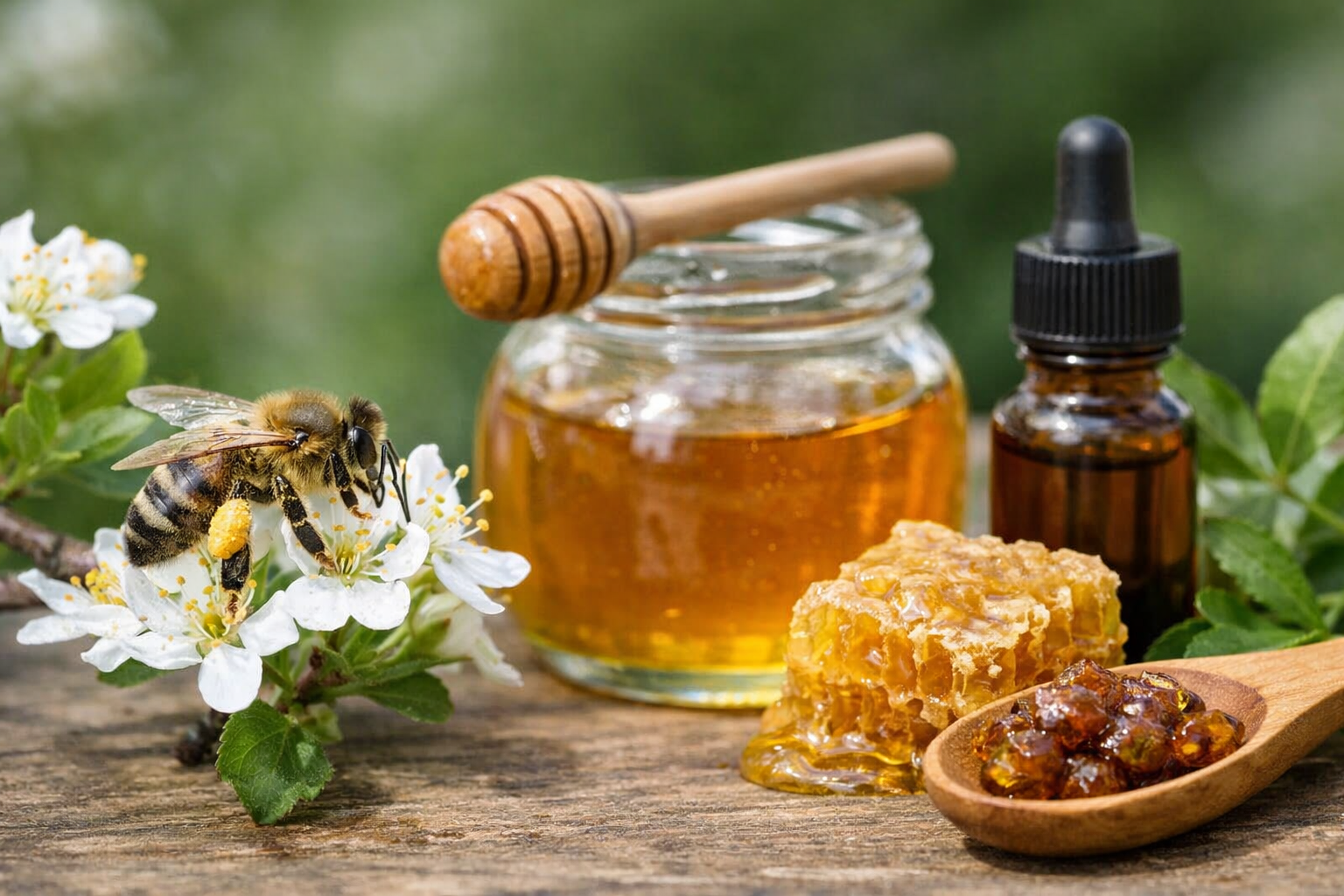 꽃 위에 앉은 꿀벌과 꿀병, 프로폴리스, 벌집이 함께 있는 자연 건강 이미지