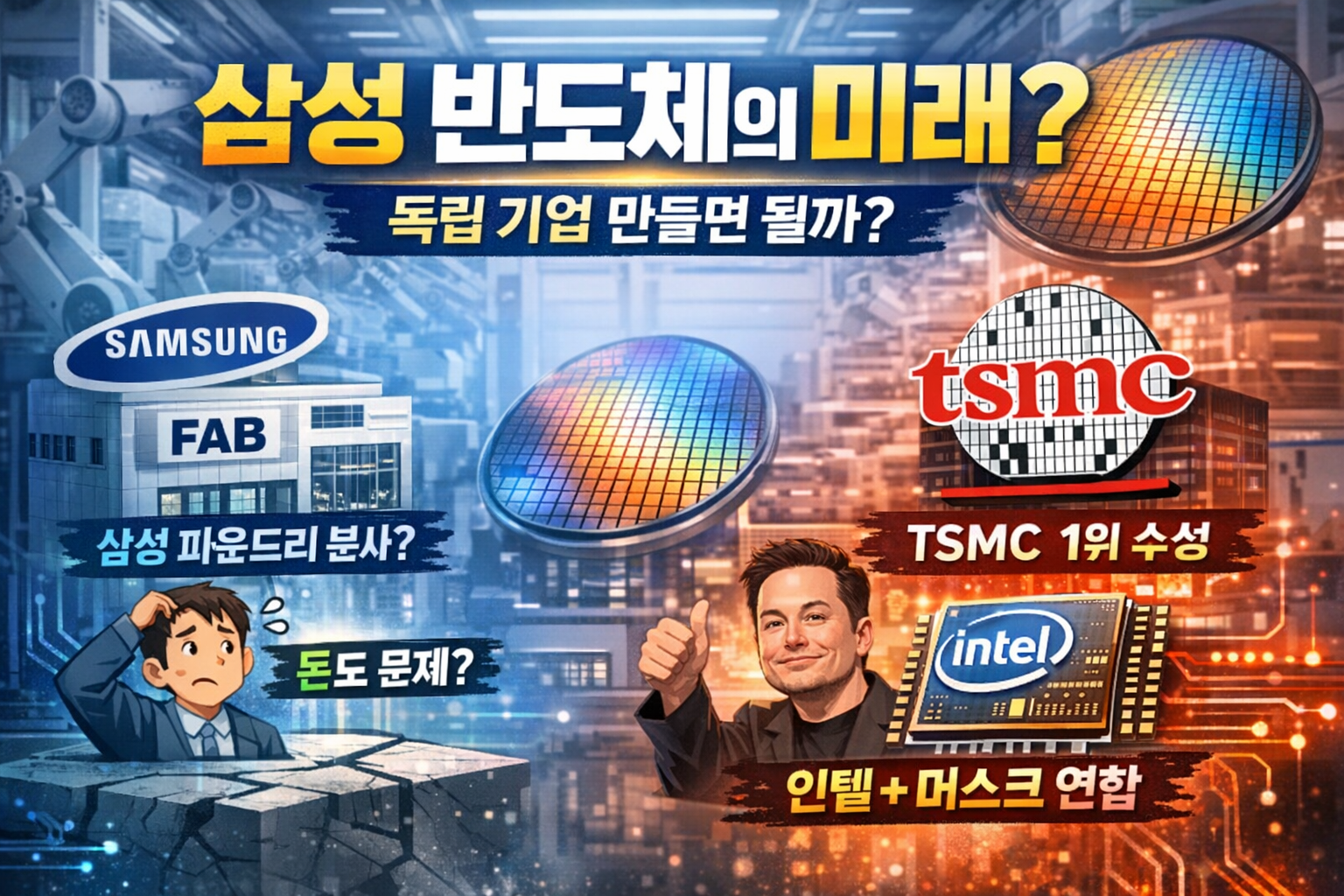 삼성전자와 TSMC, 인텔의 반도체 경쟁 구도를 보여주는 대표이미지로 삼성 파운드리 분사 고민과 인텔 머스크 협력, TSMC 1위 구조를 시각적으로 표현한 이미지