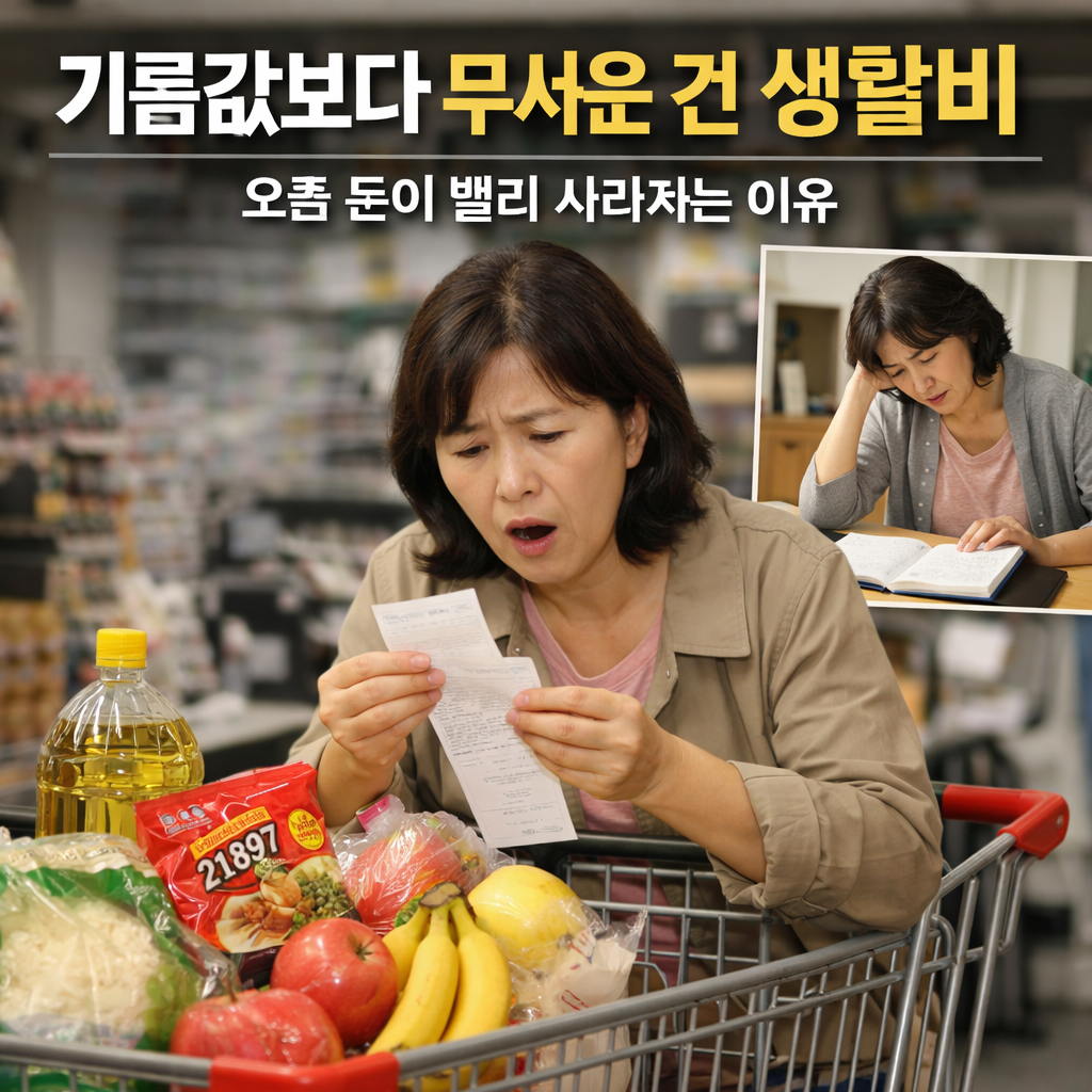 마트 장바구니 물가 상승과 기름값 인상으로 생활비 부담을 느끼는 중년 여성 모습