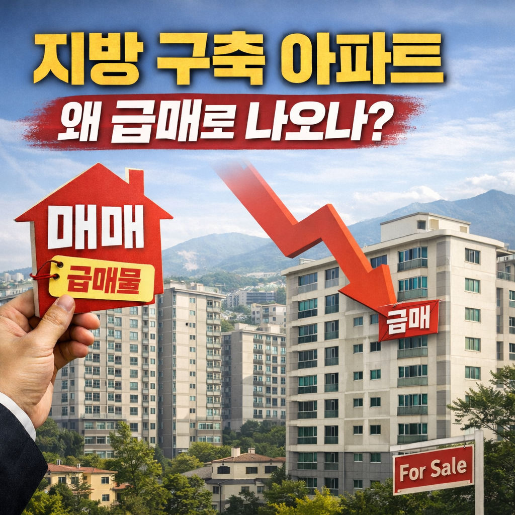 지방 구축 아파트 급매물 증가를 설명하는 이미지, 약 5년 된 아파트 단지와 하락 화살표, 매매 급매물 표시가 함께 표현된 부동산 시장 변화 이미지