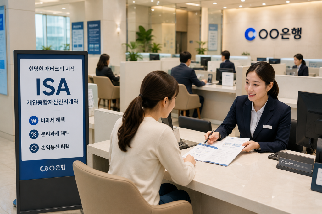 은행에서 ISA 절세 계좌 상담을 받는 고객과 금융 직원 모습