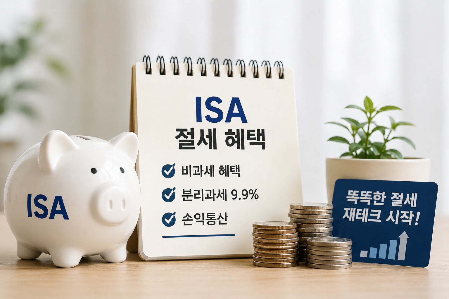 ISA 절세 혜택을 상징하는 돼지저금통과 동전, 투자 노트가 놓인 모습으로 비과세·분리과세·손익통산 등 개인종합자산관리계좌의 장점을 표현한 이미지