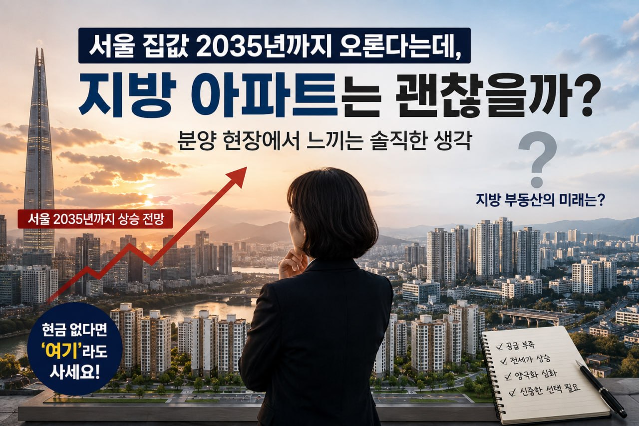 서울 스카이라인과 지방 아파트 단지를 보며 부동산 전망을 고민하는 모습