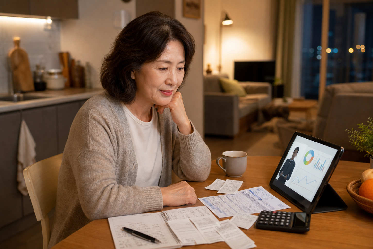 집에서 유튜브로 경제 영상을 보며 메모하는 50대 여성의 생활형 학습 장면