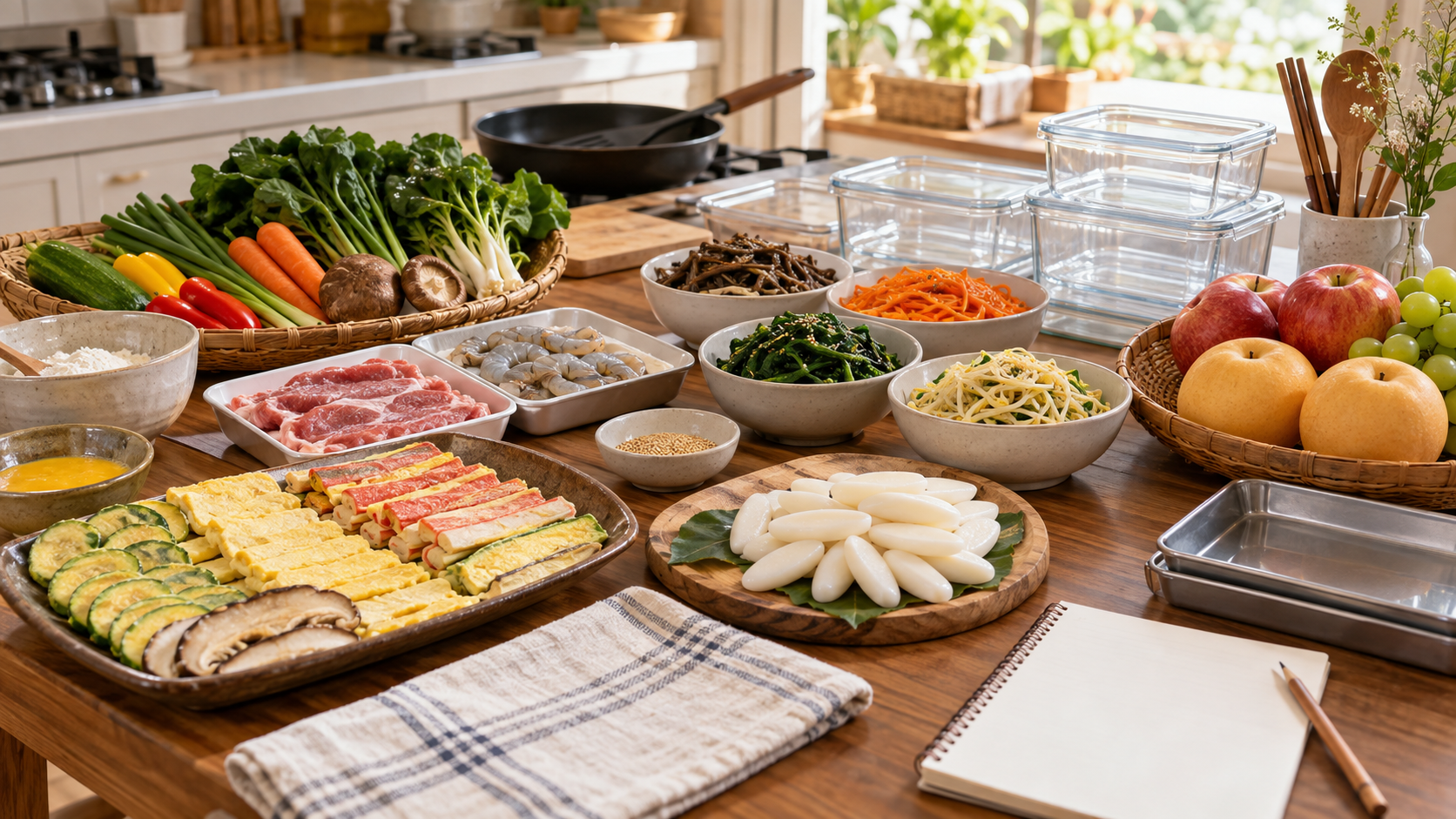추석 음식 준비 순서를 정리한 주방과 식재료