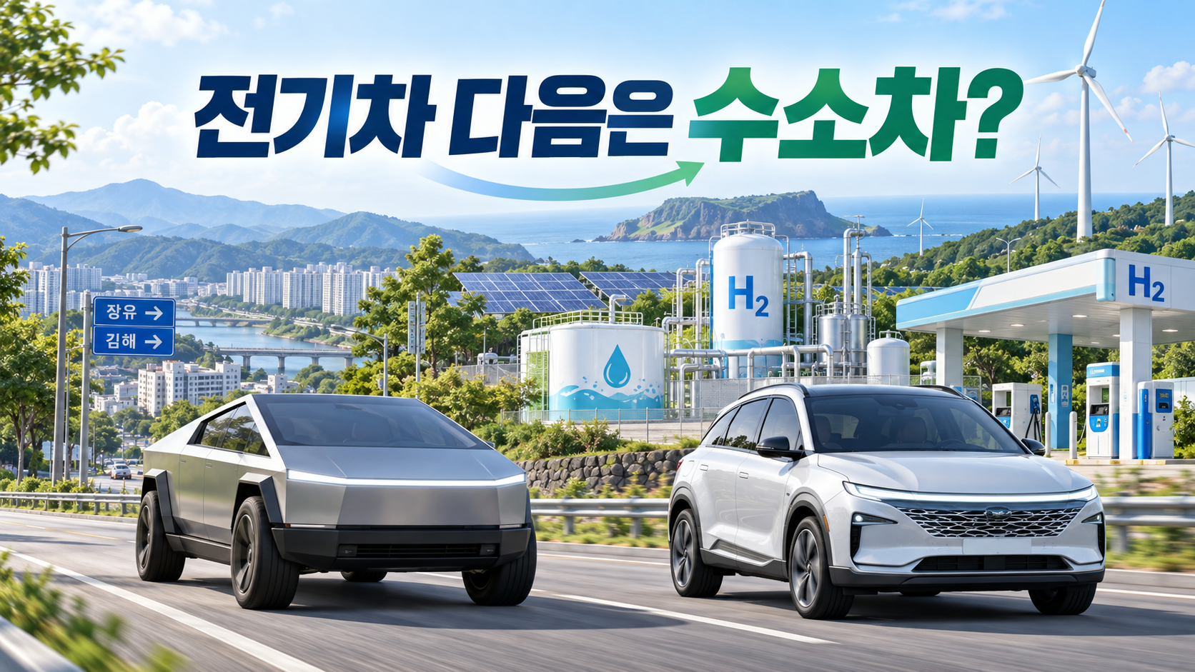전기차와 수소차, 그린수소 생산 시설을 함께 보여주는 친환경 자동차 이미지