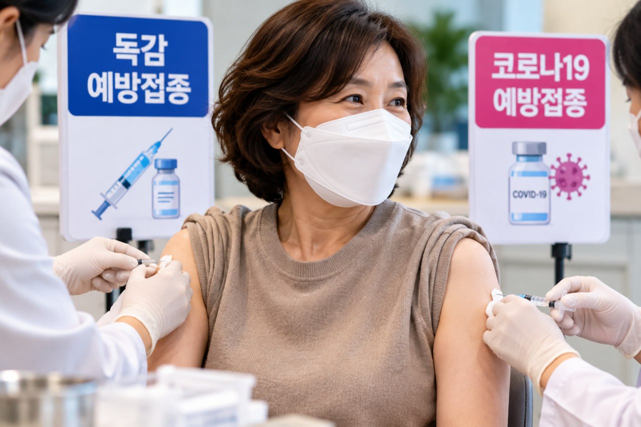 독감 예방접종과 코로나19 예방접종을 같은 날 상담하는 병원 장면