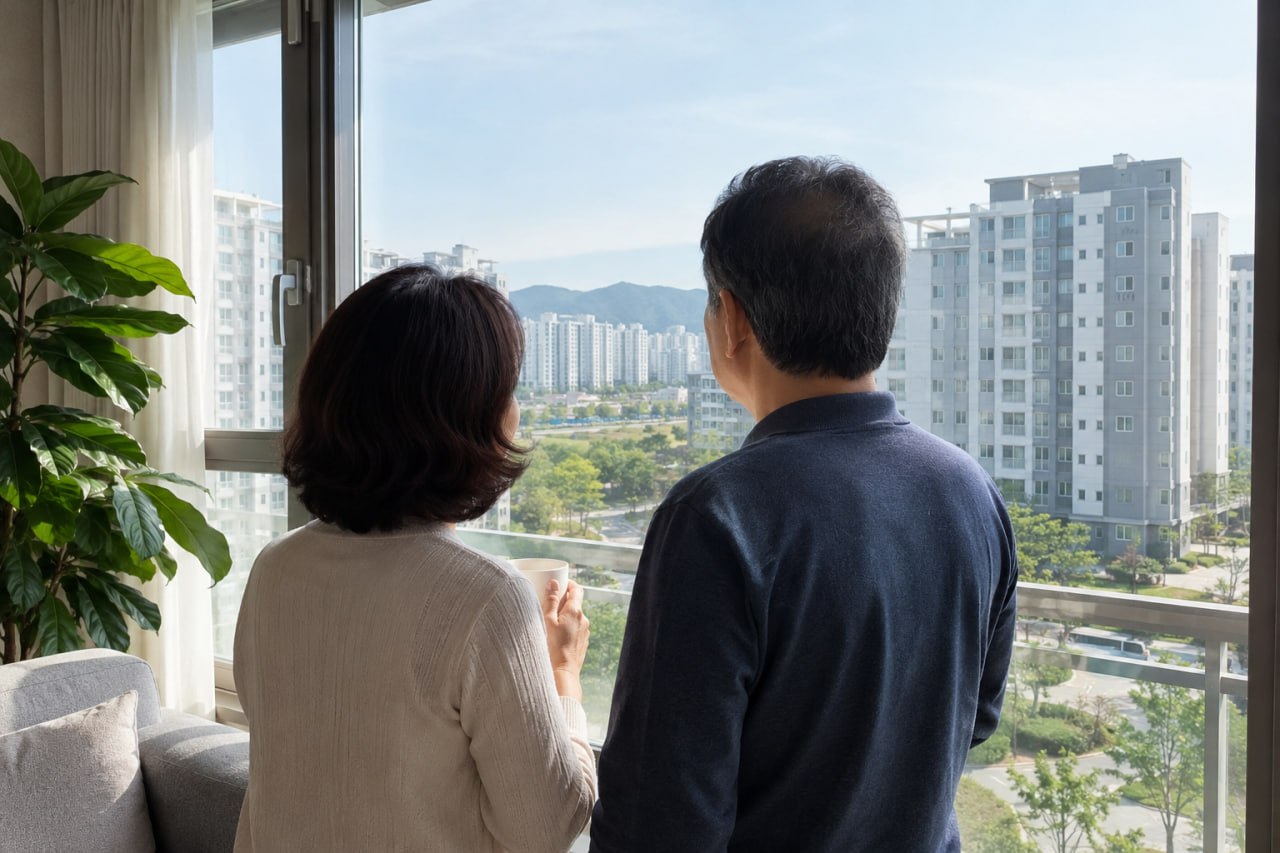 중년 부부가 아파트 창밖을 보며 노후 주거를 생각하는 모습