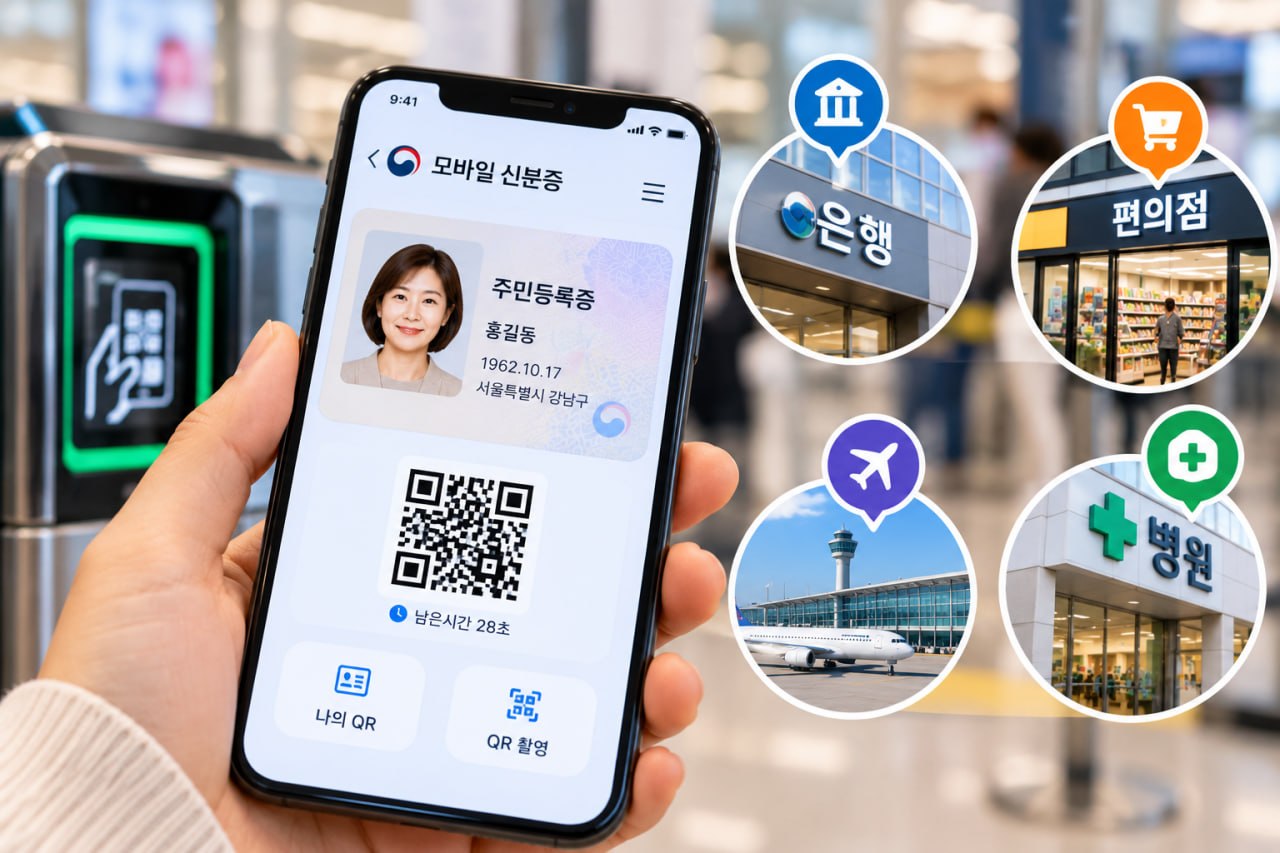 스마트폰 속 모바일 신분증과 은행 편의점 병원 사용처를 보여주는 이미지