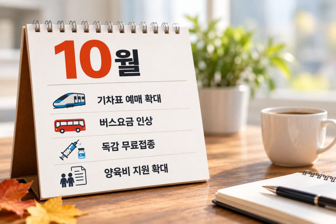 10월 달력에 기차표 예매 확대, 버스요금 인상, 독감 무료접종, 양육비 지원 확대가 정리된 이미지