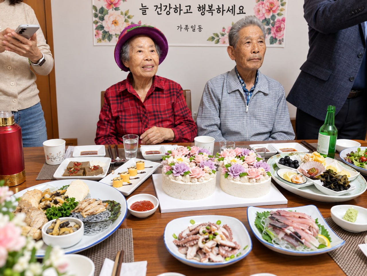 가족 잔칫상 앞에 나란히 앉은 연로한 부모님