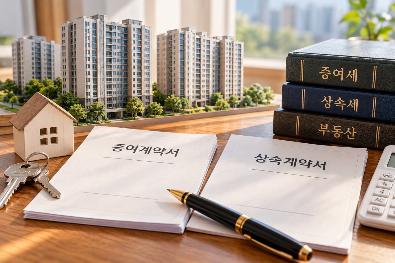 60대 부모와 자녀가 아파트 증여와 상속 문제를 함께 고민하는 모습