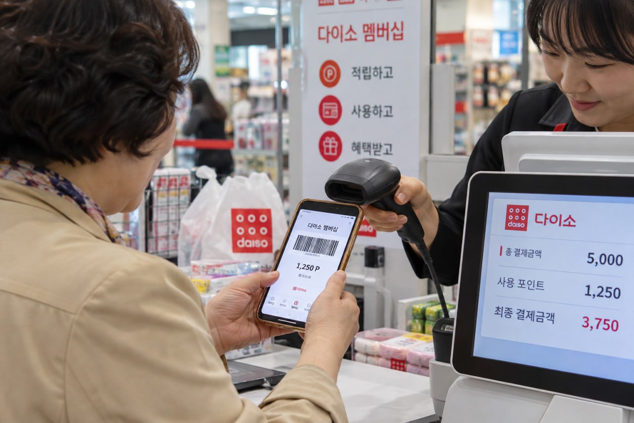 다이소 계산대에서 휴대전화 멤버십 포인트를 사용하는 고객