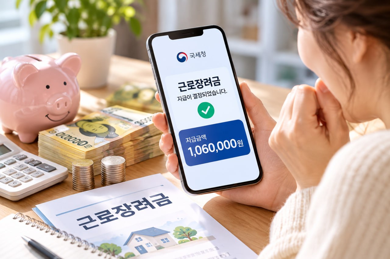 스마트폰으로 근로장려금 지급 결정 안내를 확인하는 모습