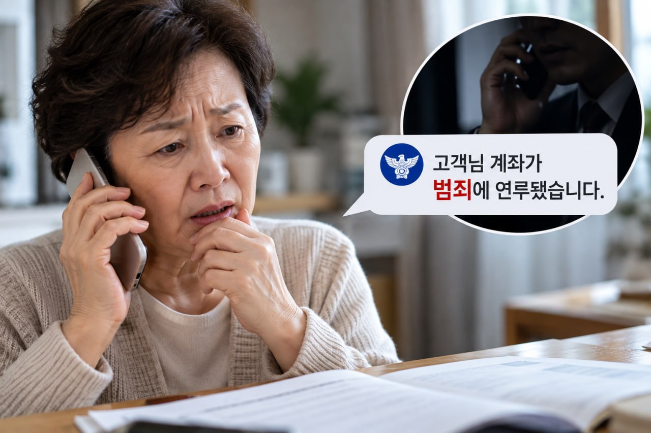 계좌가 범죄에 연루됐다는 사칭 전화를 받고 걱정하는 60대 여성 이미지