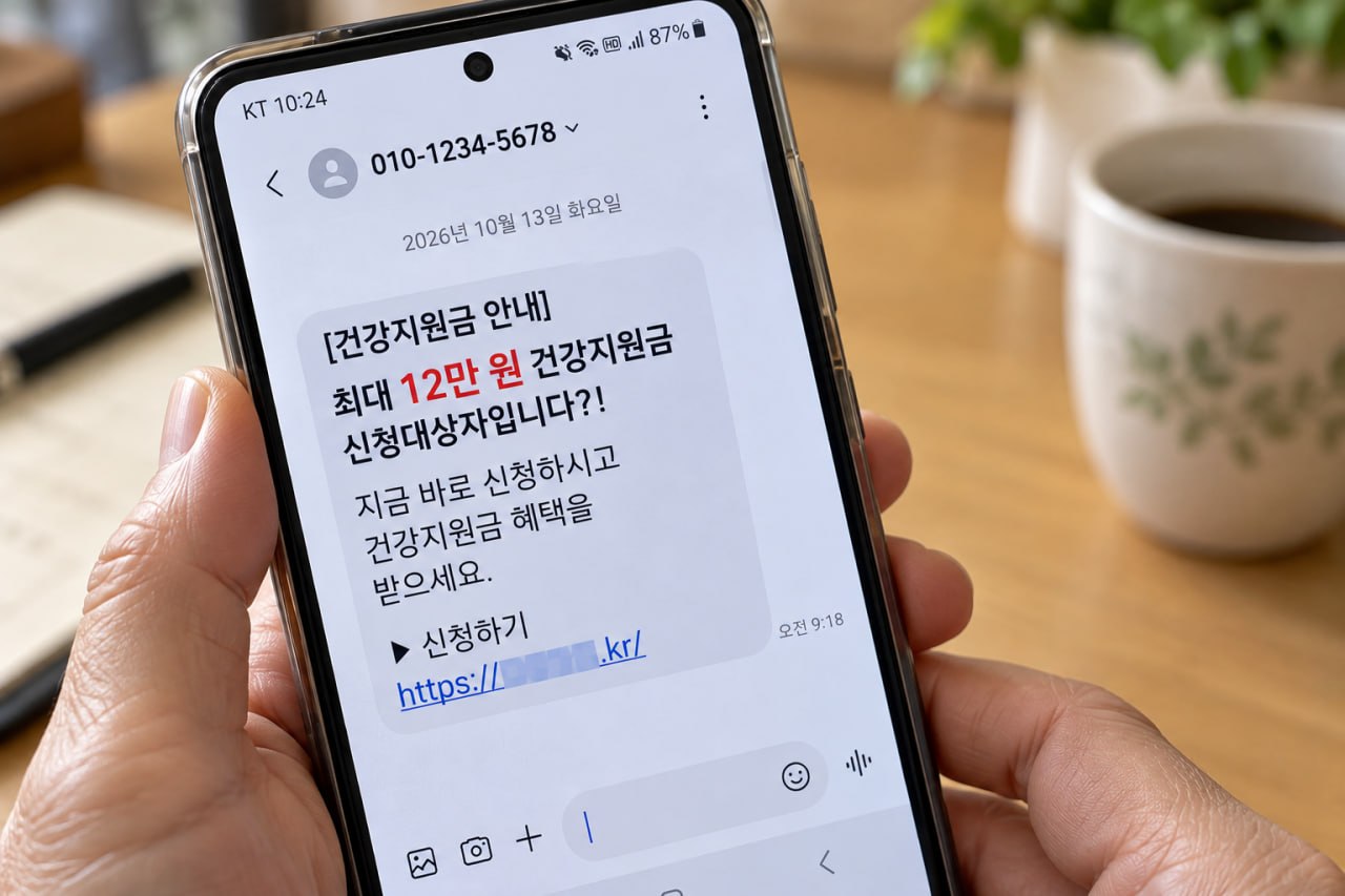 건강지원금 신청 문자가 표시된 휴대전화