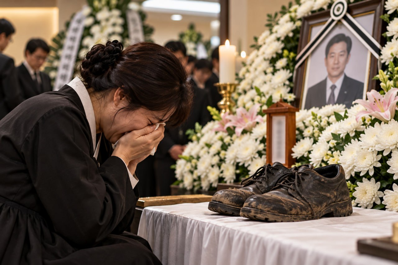 장례식장에서 낡고 흙 묻은 작업 구두 앞에 앉아 슬퍼하는 유가족