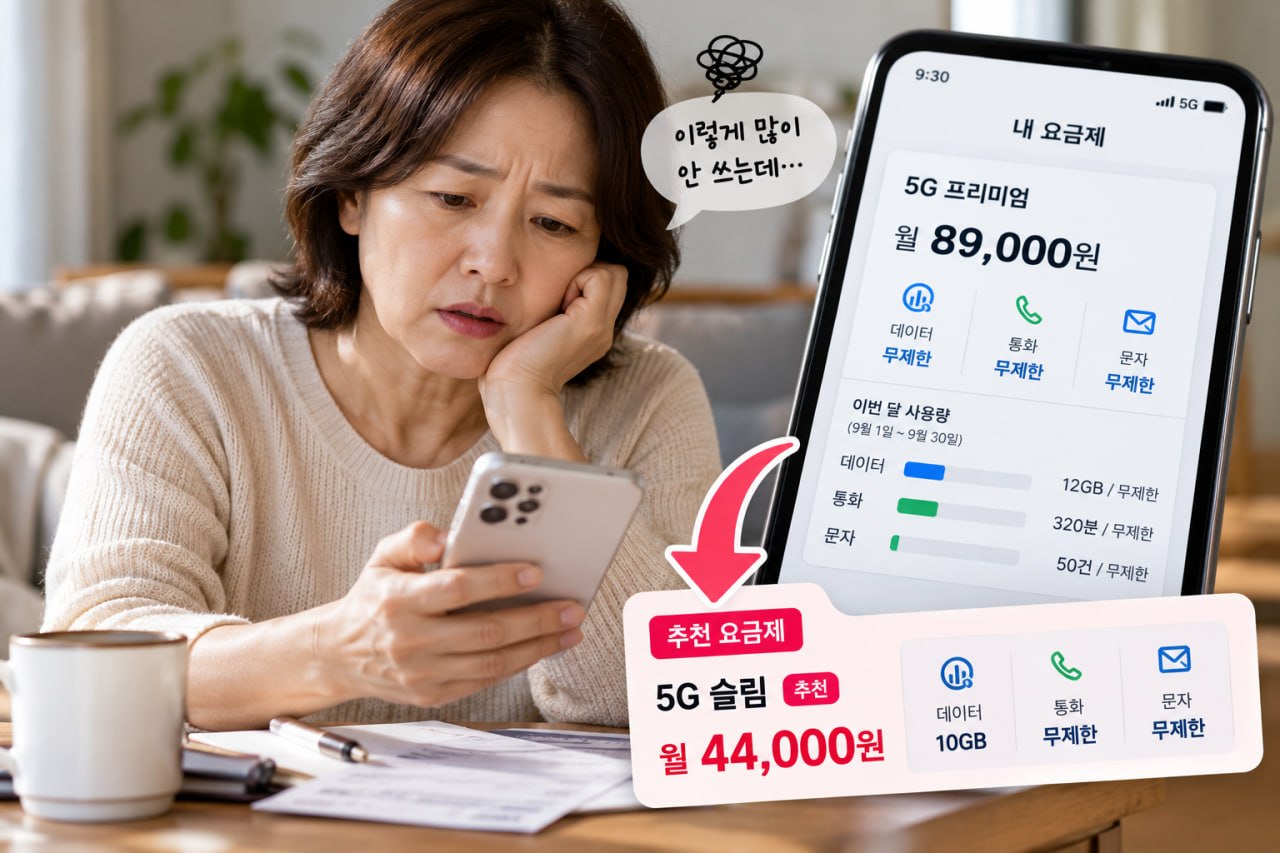 휴대폰 요금제와 추천 요금제를 비교하는 중년 여성 이미지