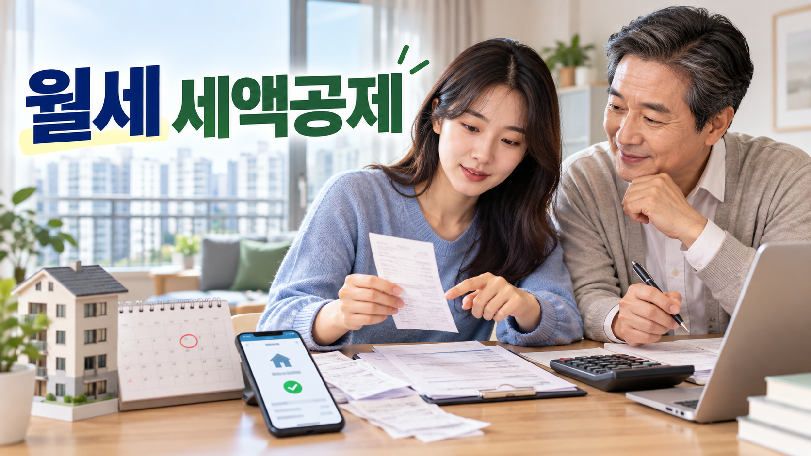 부모와 자녀가 월세 세액공제 서류를 확인하는 대표이미지