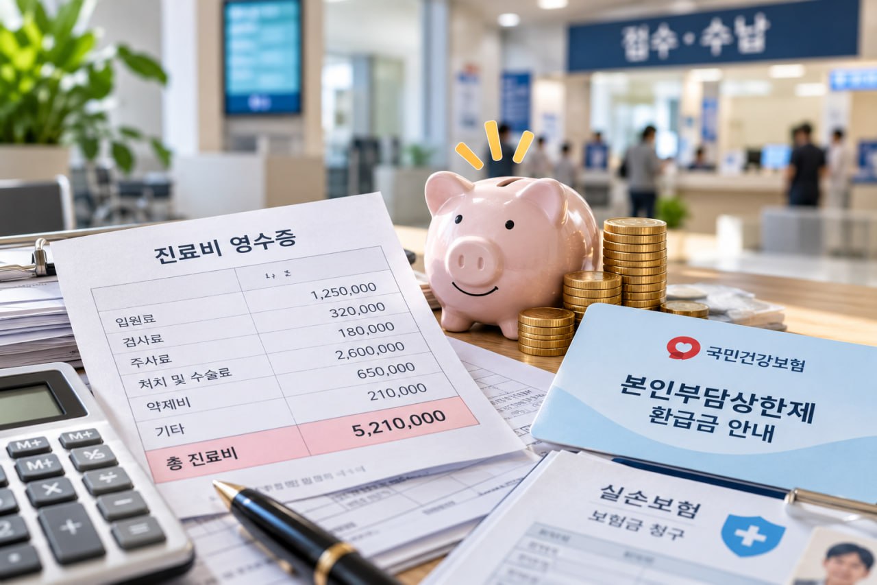 병원 진료비 영수증과 본인부담상한제 환급금 안내, 실손보험 청구 서류를 함께 보여주는 이미지