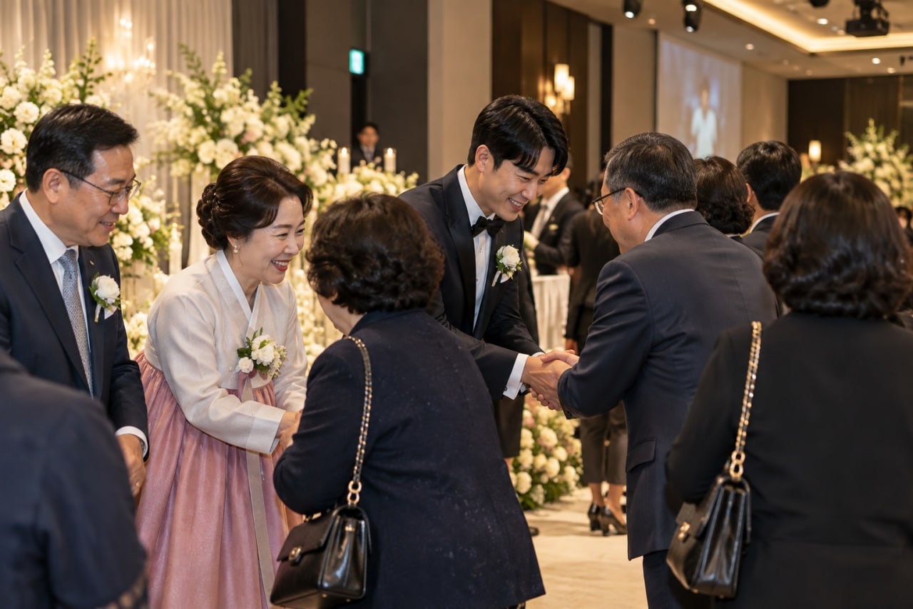 결혼식장에서 하객들에게 인사하는 신랑과 가족